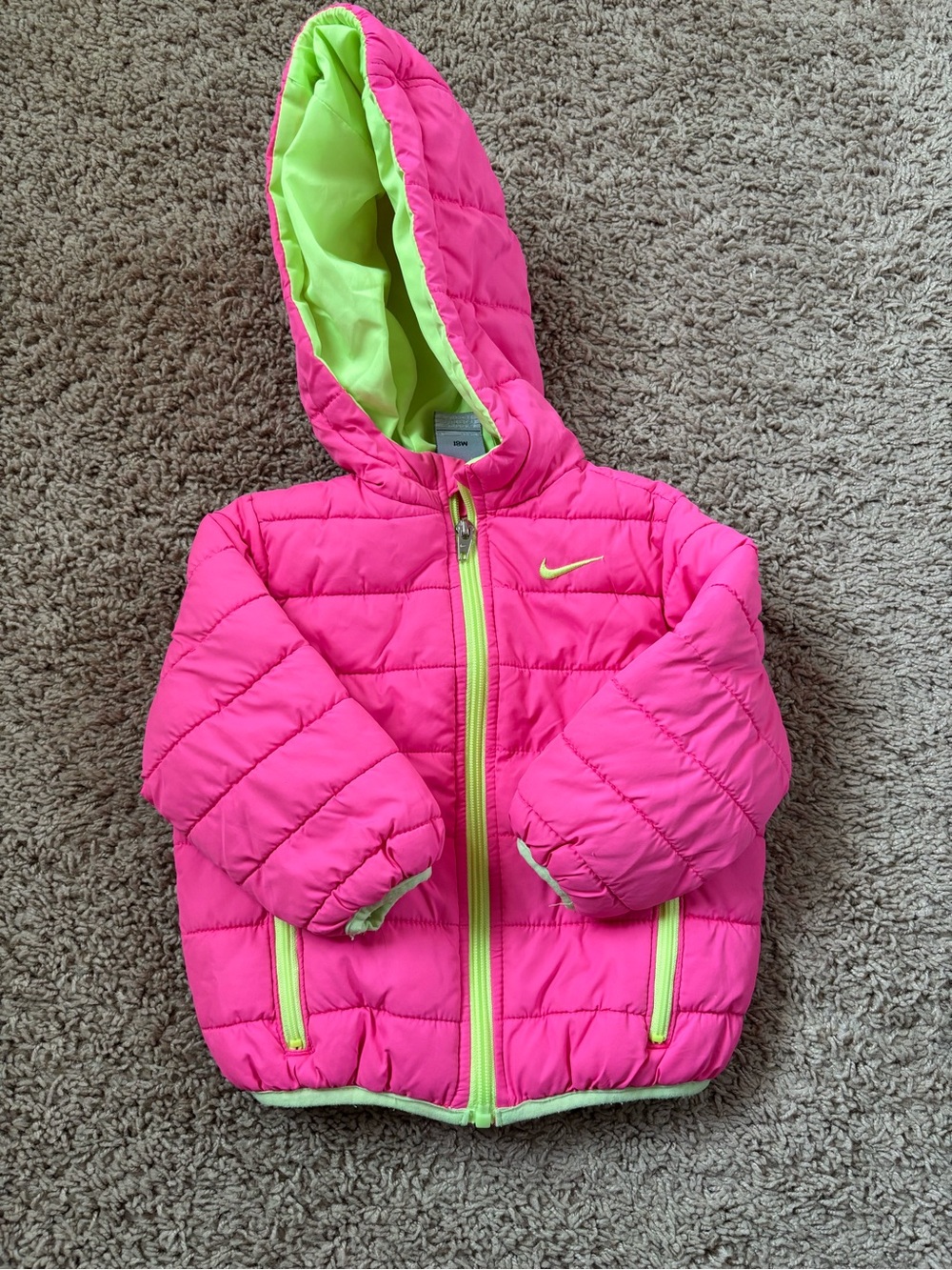 Nike Kids Bright Pink Puffer Jacket with Neon Green Trim